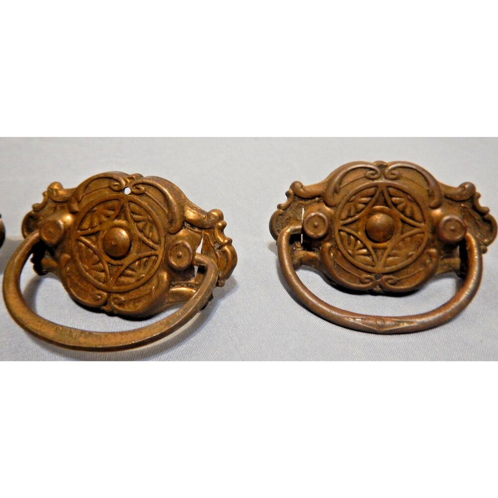 Antique Victorian Eastlake Brass Bail Drawer Pulls Set of 4 Ornate Backplates